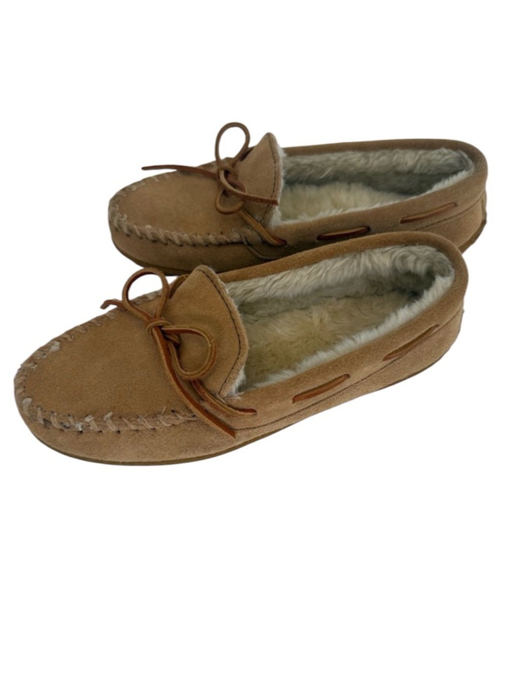 Minnetonka Moccasin Leather Cozy Tan Slippers Fur Lined Rubber Sole, Sz 6 EUC